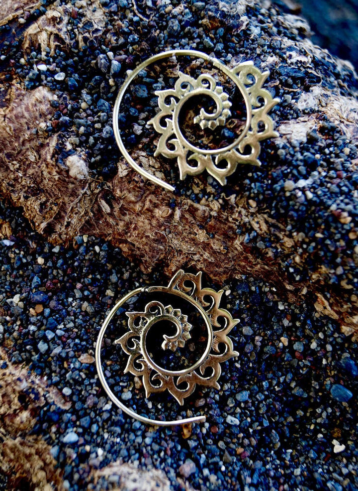 Small Lotus Wave Spiral Hoops — Brass