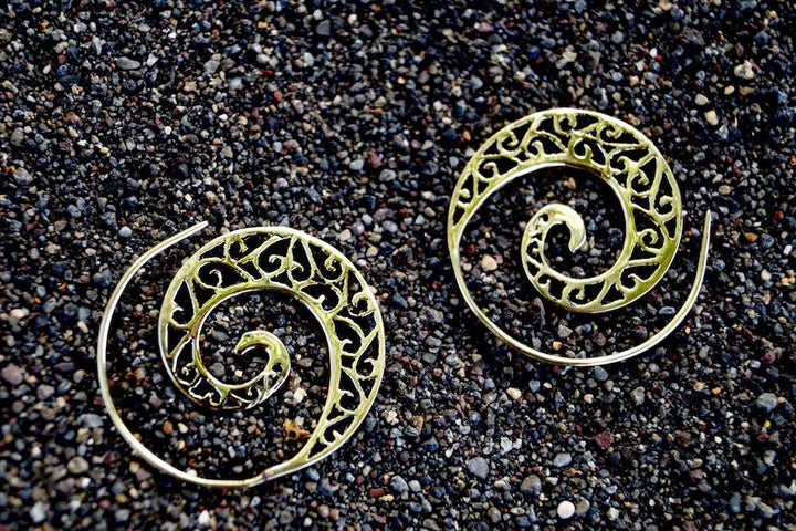 Boho Spiral Earrings, Tribal Gipsy Style — Brass