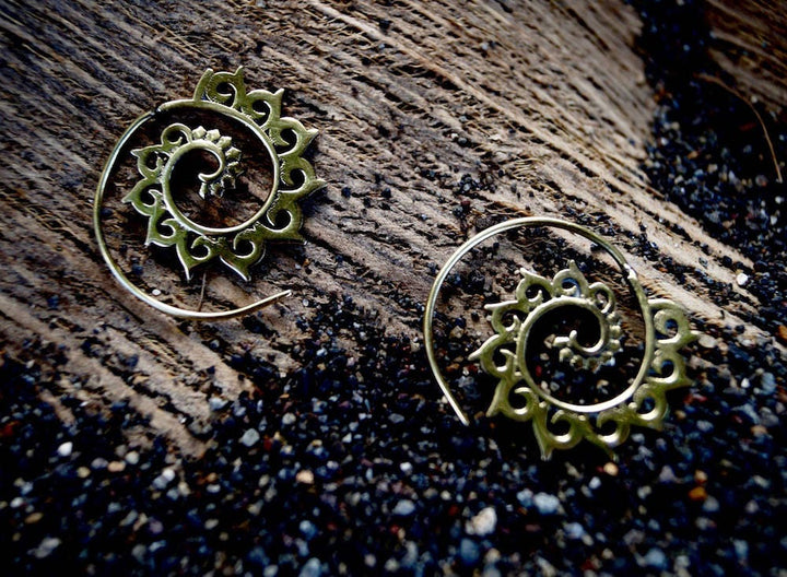 Small Lotus Wave Spiral Hoops — Brass