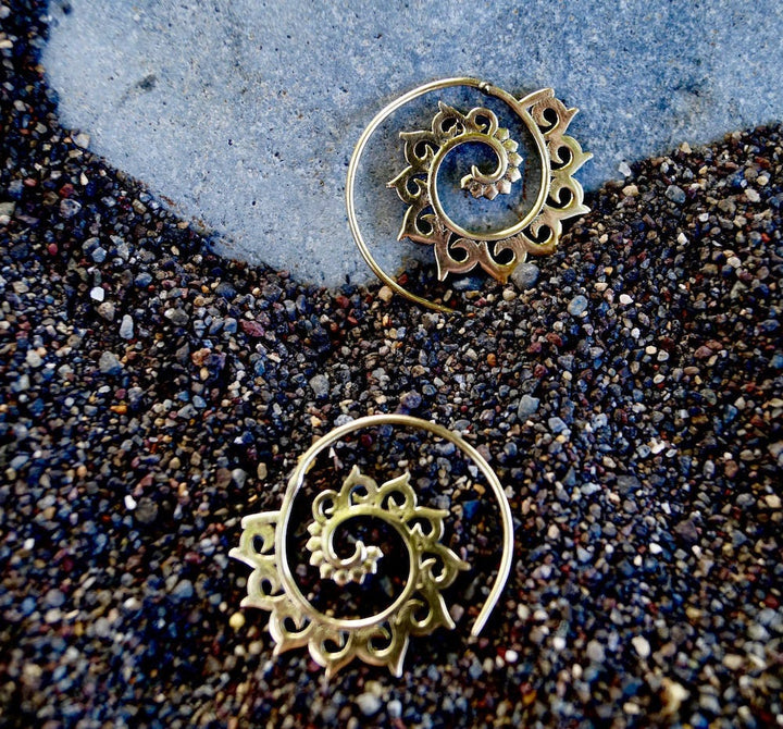 Small Lotus Wave Spiral Hoops — Brass
