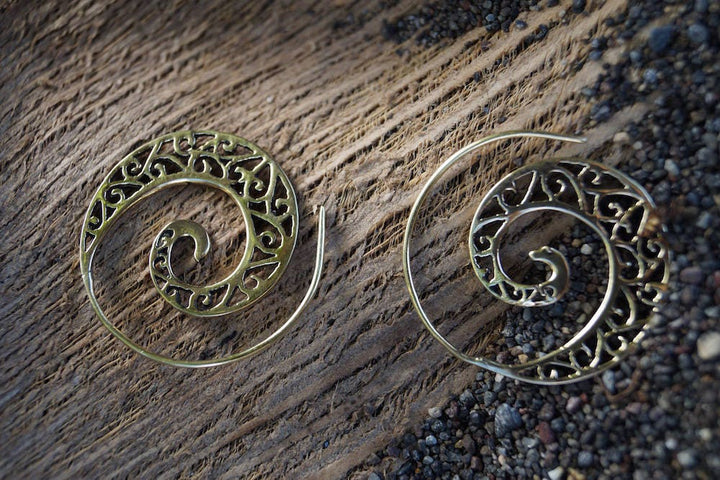 Boho Spiral Earrings, Tribal Gipsy Style — Brass