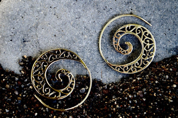 Boho Spiral Earrings, Tribal Gipsy Style — Brass