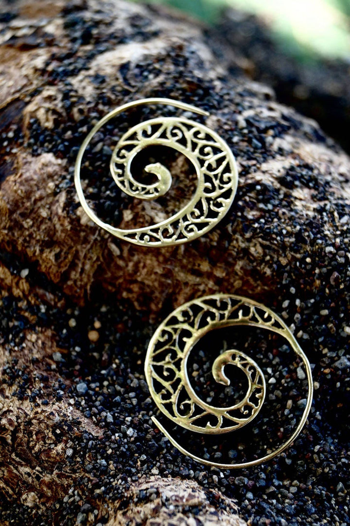 Boho Spiral Earrings, Tribal Gipsy Style — Brass