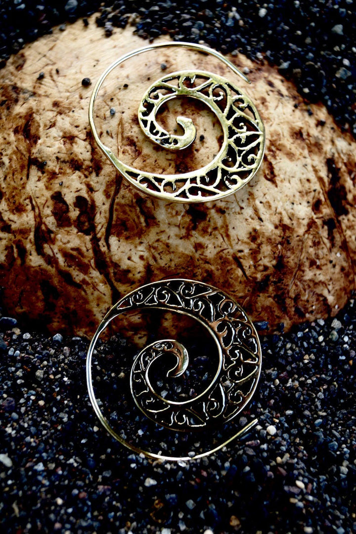 Boho Spiral Earrings, Tribal Gipsy Style — Brass