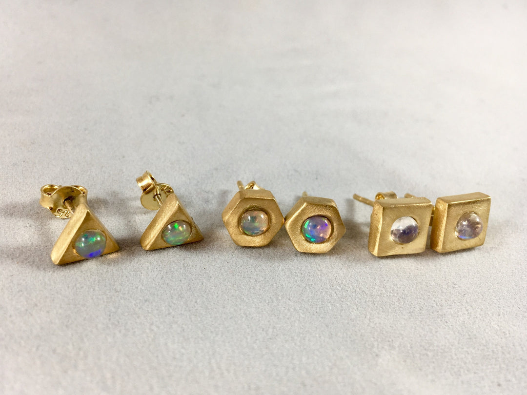 Triangular Opal/Rainbow Moonstone Stud Earrings — 925 Silver or 18k Gold Plated