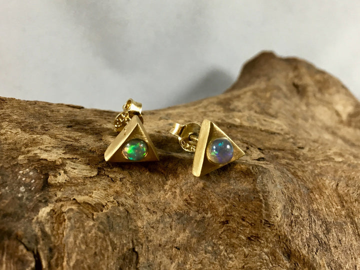 Triangular Opal/Rainbow Moonstone Stud Earrings — 925 Silver or 18k Gold Plated