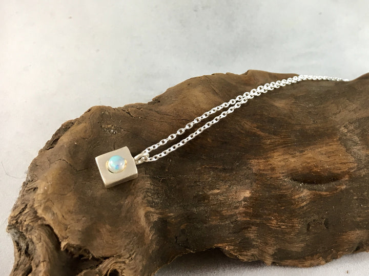 Square Geometric Necklace with Opal or Rainbow Moonstone - 925 Silver