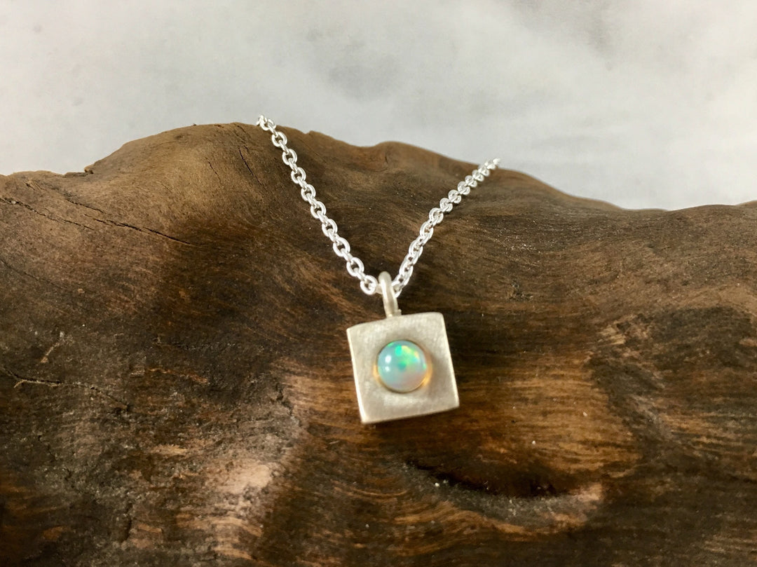 Square Geometric Necklace with Opal or Rainbow Moonstone - 925 Silver