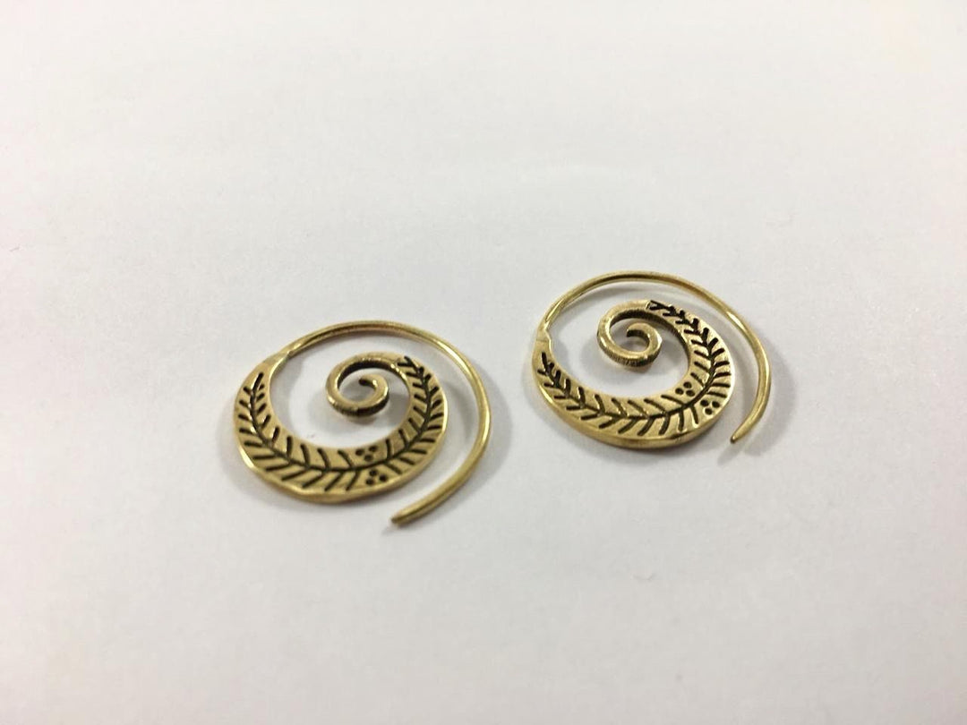 Boho Spiral Earrings &amp;quot;Little Feather&amp;quot; Brass
