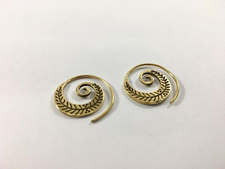 Boho Spiral Earrings &amp;quot;Little Feather&amp;quot; Brass