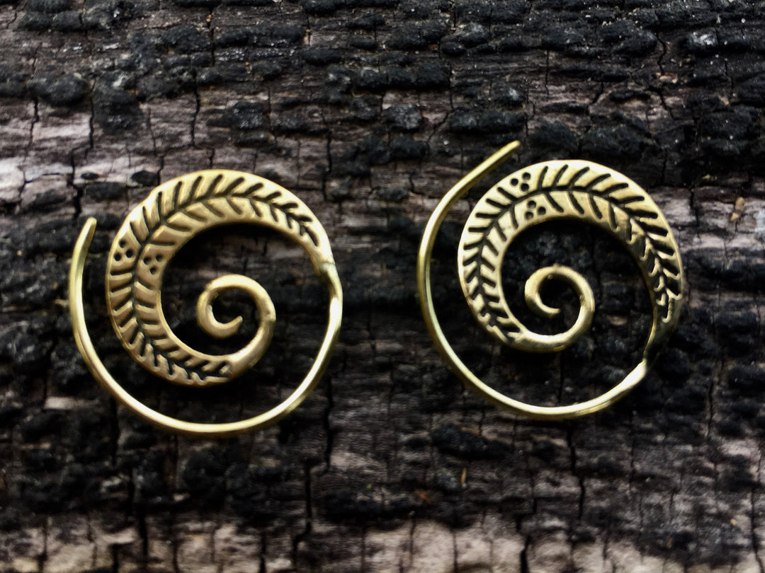 Boho Spiral Earrings &amp;quot;Little Feather&amp;quot; Brass