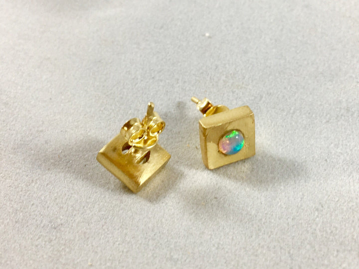 Square Stud Earrings with Opal/Rainbow Moonstone — 925 Silver or 18k Gold Plated