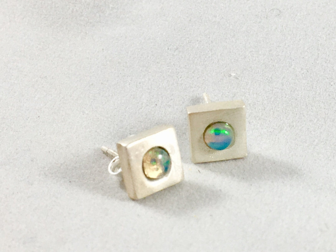 Square Stud Earrings with Opal/Rainbow Moonstone — 925 Silver or 18k Gold Plated