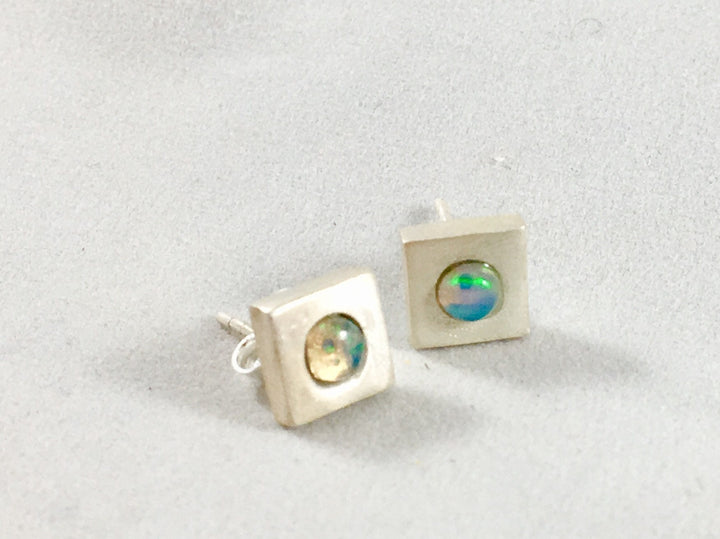 Square Stud Earrings with Opal/Rainbow Moonstone — 925 Silver or 18k Gold Plated