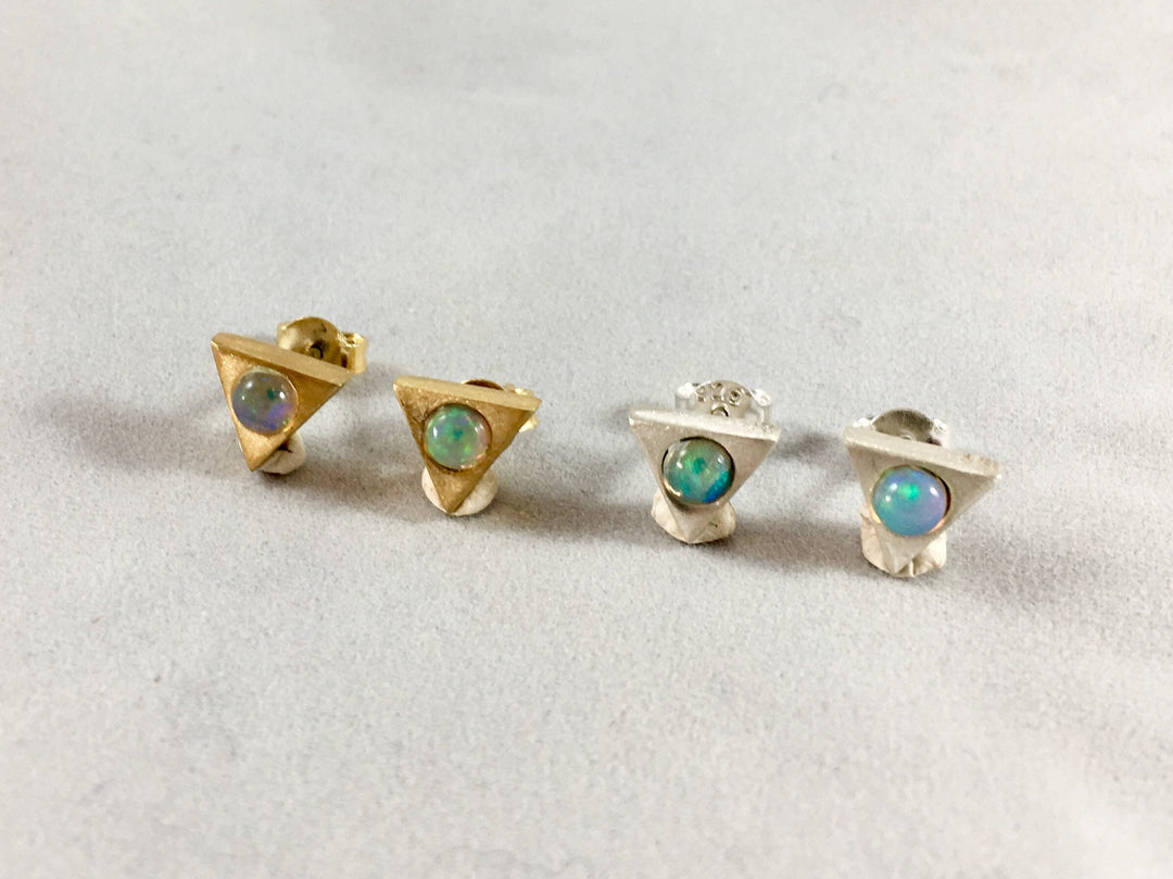 Triangular Opal/Rainbow Moonstone Stud Earrings — 925 Silver or 18k Gold Plated