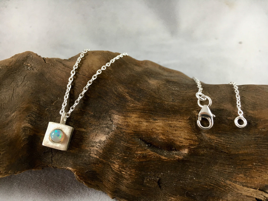 Square Geometric Necklace with Opal or Rainbow Moonstone - 925 Silver