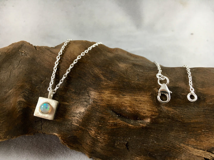 Square Geometric Necklace with Opal or Rainbow Moonstone - 925 Silver