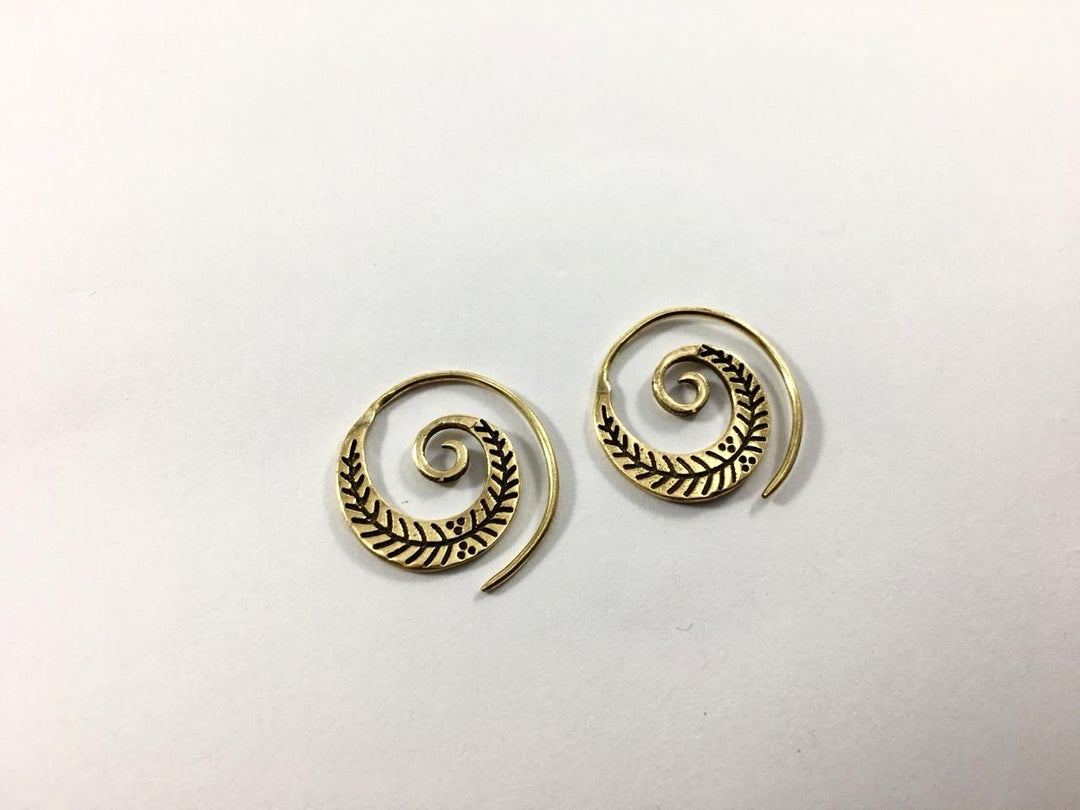 Boho Spiral Earrings &amp;quot;Little Feather&amp;quot; Brass