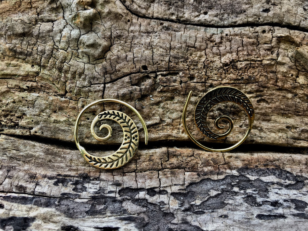 Boho Spiral Earrings &amp;quot;Little Feather&amp;quot; Brass