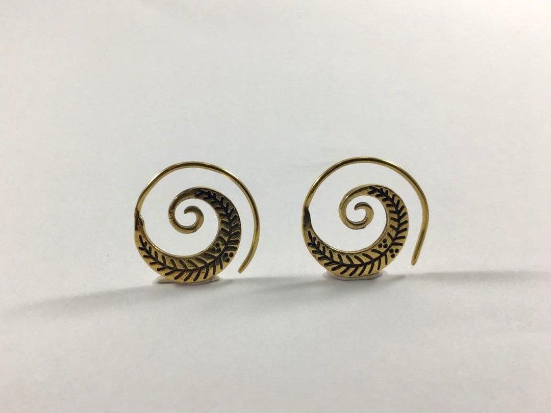Boho Spiral Earrings &amp;quot;Little Feather&amp;quot; Brass
