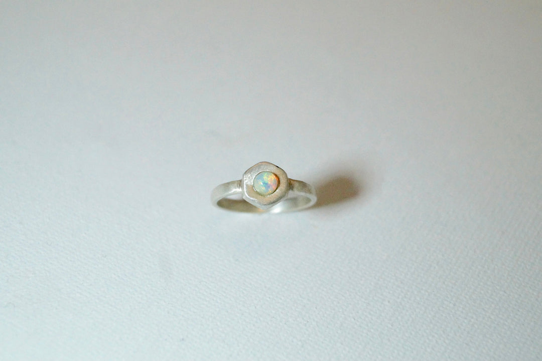 Hexagon Ring with Rainbow Moonstone or Opal, 925 Silver