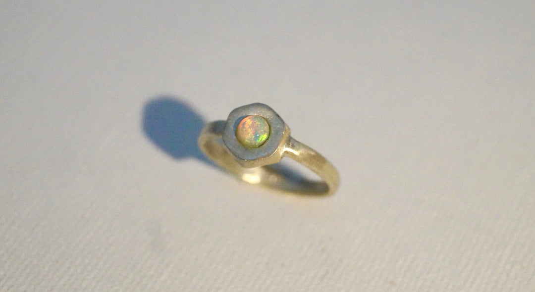 Hexagon Ring with Rainbow Moonstone or Opal, 925 Silver