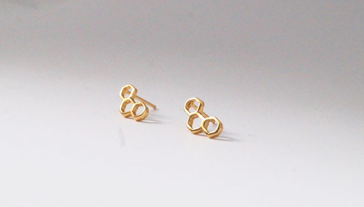 Hexagon Trilogy Stud Earrings — 18k Gold Plated