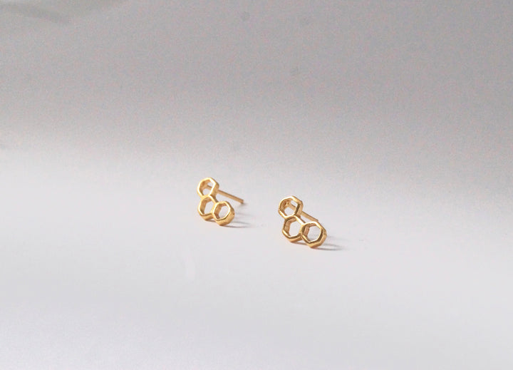 Hexagon Trilogy Stud Earrings — 18k Gold Plated