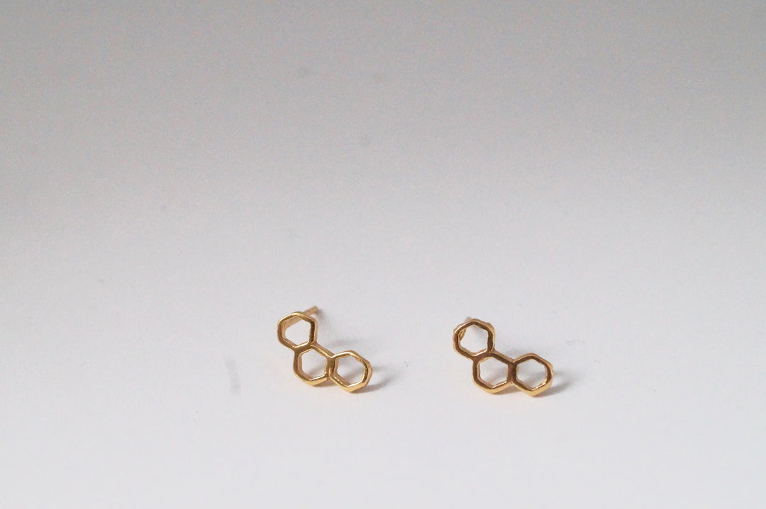 Hexagon Trilogy Stud Earrings — 18k Gold Plated