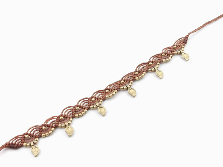 Macrame Anklet &amp;quot;Leaf&amp;quot; with Brass Beads in Different Colors
