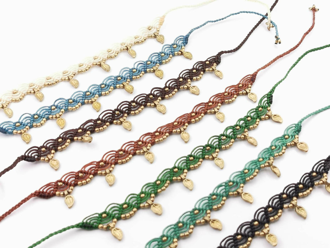 Macrame Anklet &amp;quot;Leaf&amp;quot; with Brass Beads in Different Colors