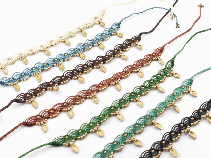 Macrame Anklet &amp;quot;Leaf&amp;quot; with Brass Beads in Different Colors