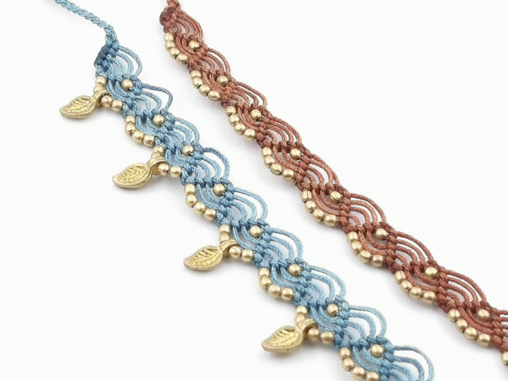 Macrame Anklet &amp;quot;Leaf&amp;quot; with Brass Beads in Different Colors