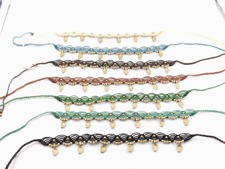 Macrame Anklet &amp;quot;Leaf&amp;quot; with Brass Beads in Different Colors
