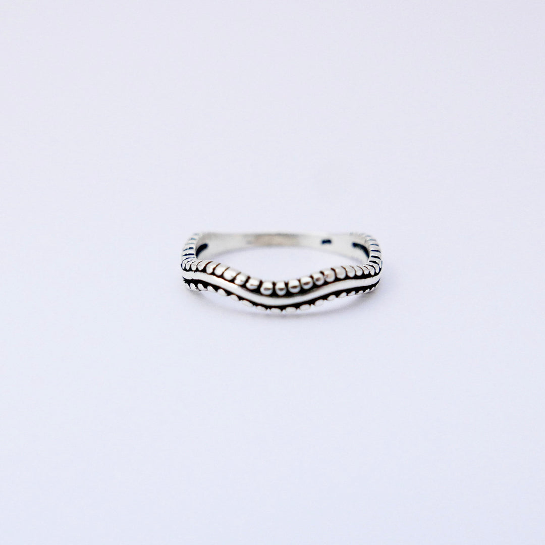 Wavy Sterling Silver Ring, Elegant Beaded Boho Band