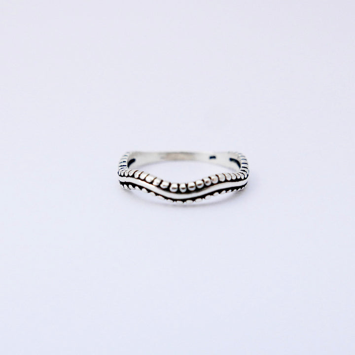 Wavy Sterling Silver Ring, Elegant Beaded Boho Band