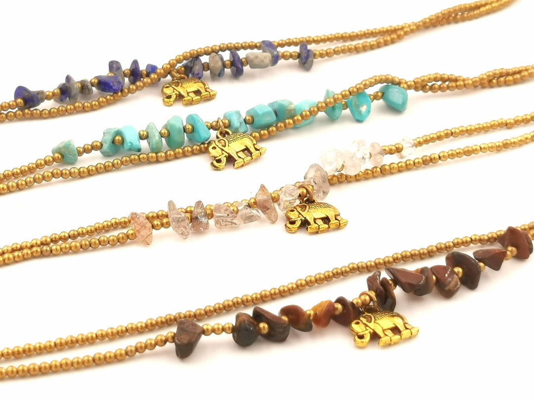 Anklet with Tumbled Natural Stones and Elephant Bead — Brass