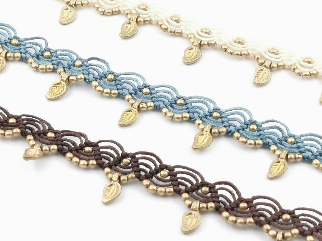 Macrame Anklet &amp;quot;Leaf&amp;quot; with Brass Beads in Different Colors