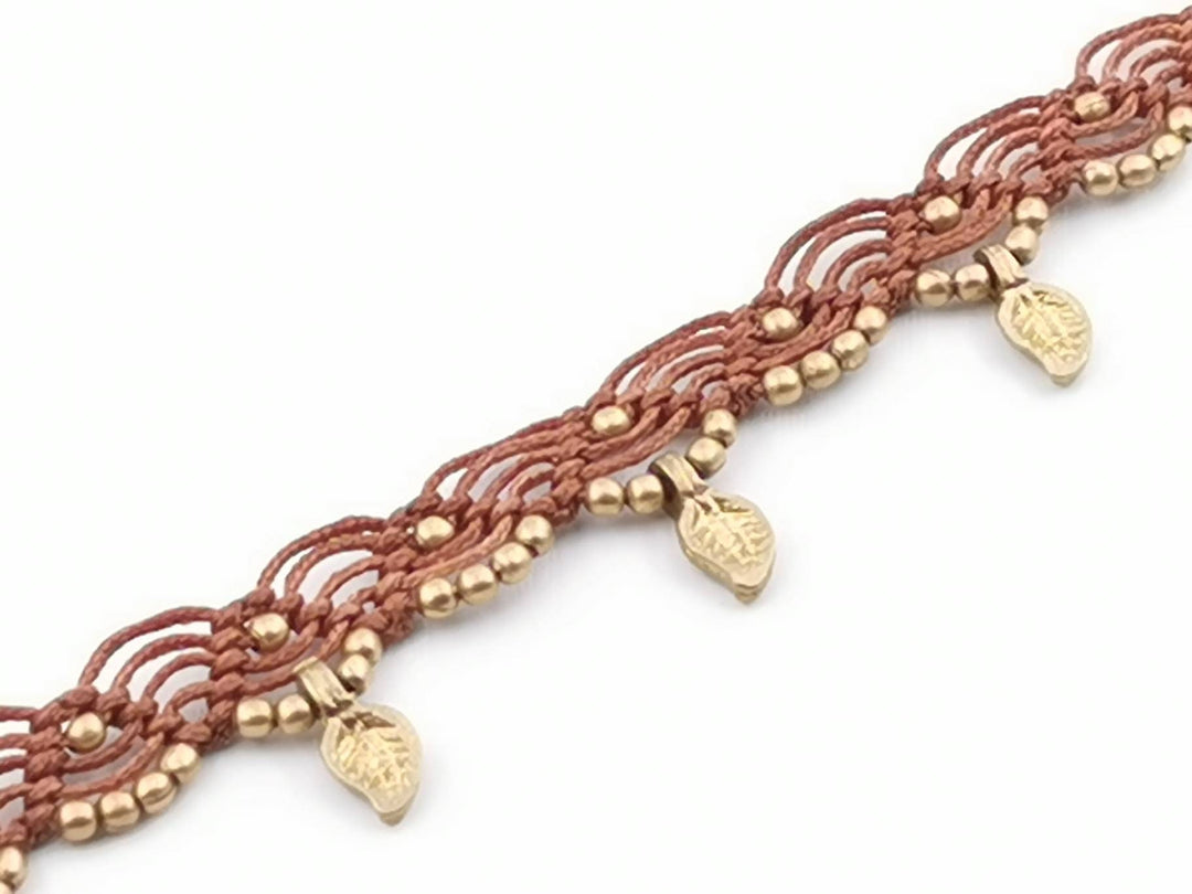 Macrame Anklet &amp;quot;Leaf&amp;quot; with Brass Beads in Different Colors