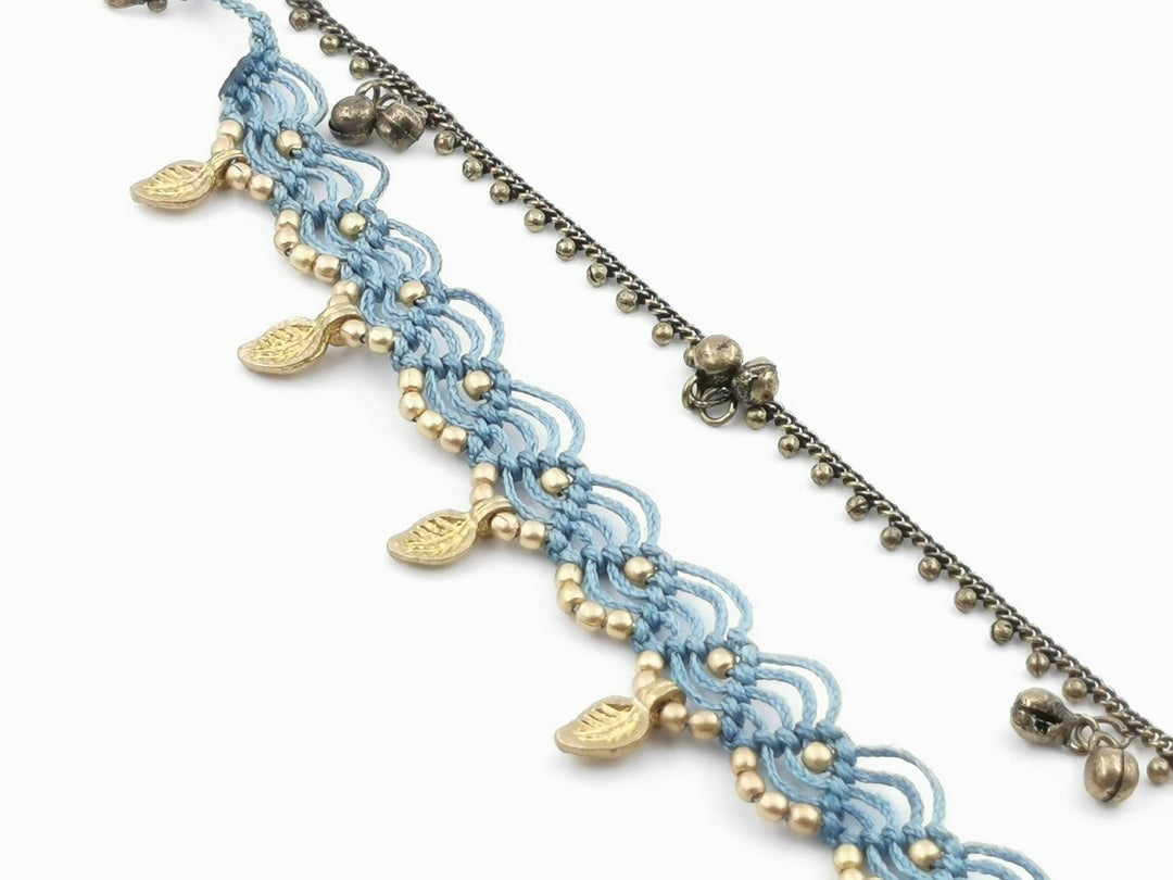 Macrame Anklet &amp;quot;Leaf&amp;quot; with Brass Beads in Different Colors
