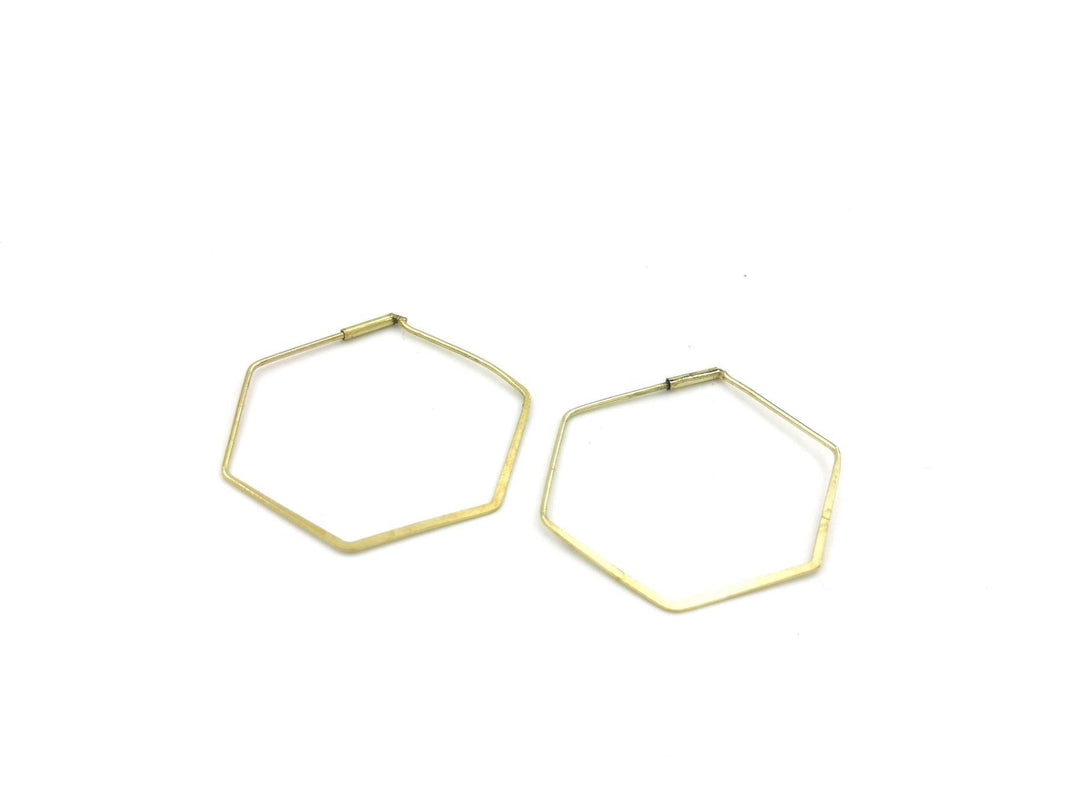 Minimalist Hexagon Hoop Earrings — Brass