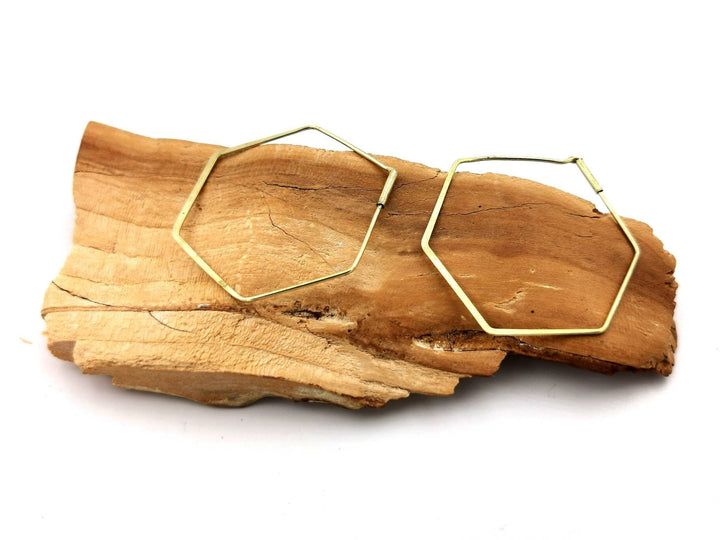 Minimalist Hexagon Hoop Earrings — Brass