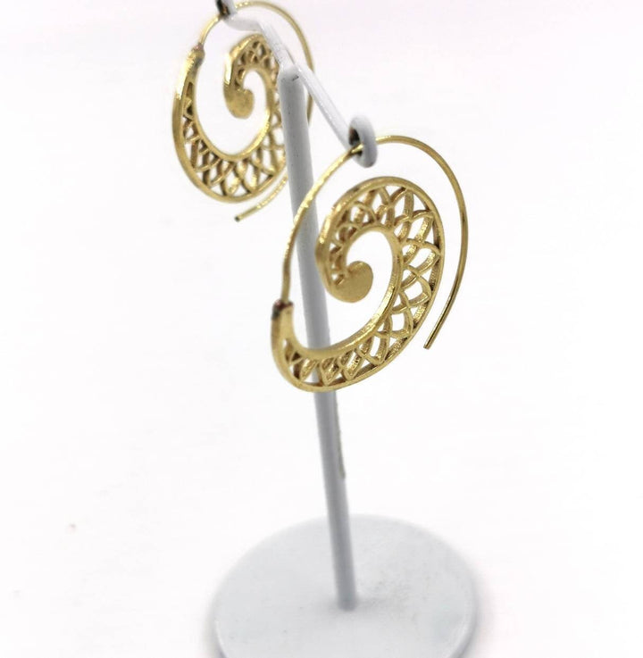 Boho Spiral Earrings, Classic Flower Petal Pattern — Brass