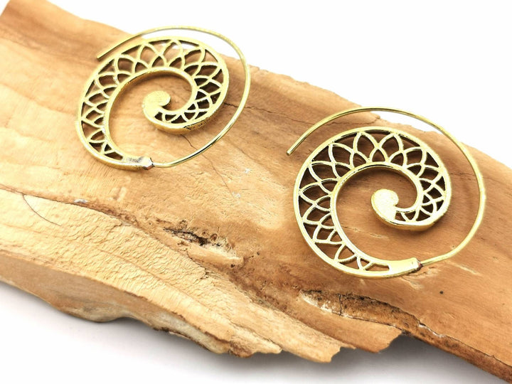 Boho Spiral Earrings, Classic Flower Petal Pattern — Brass