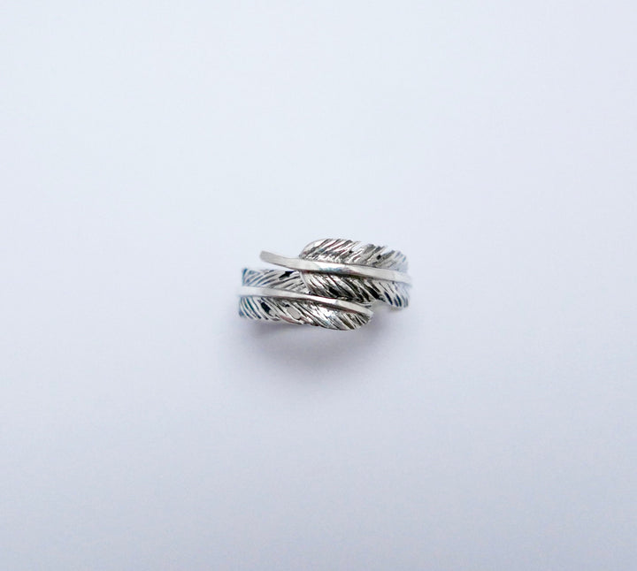 925 Silver Feather Ring, Adjustable Wrap Ring