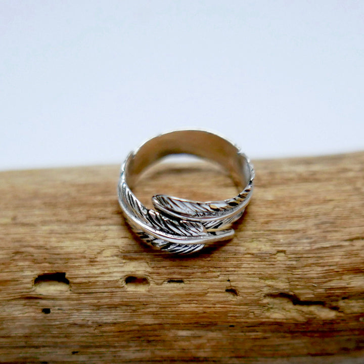 925 Silver Feather Ring, Adjustable Wrap Ring