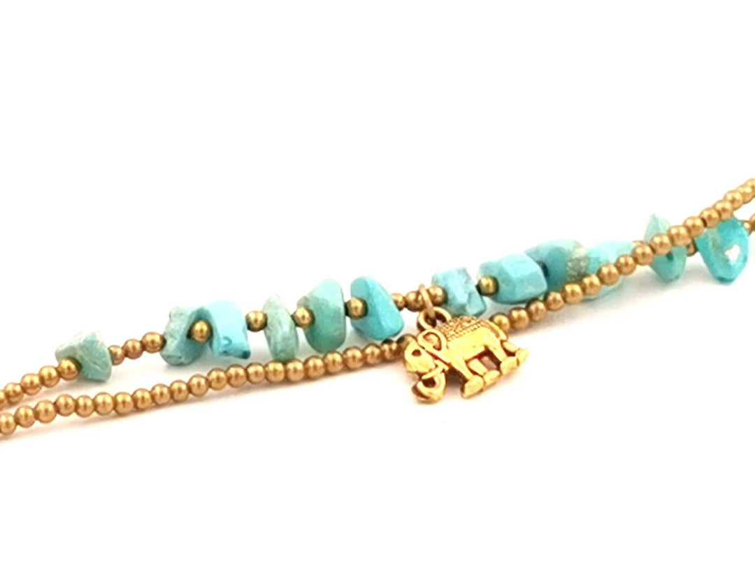 Anklet with Tumbled Natural Stones and Elephant Bead — Brass