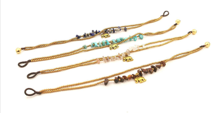Anklet with Tumbled Natural Stones and Elephant Bead — Brass