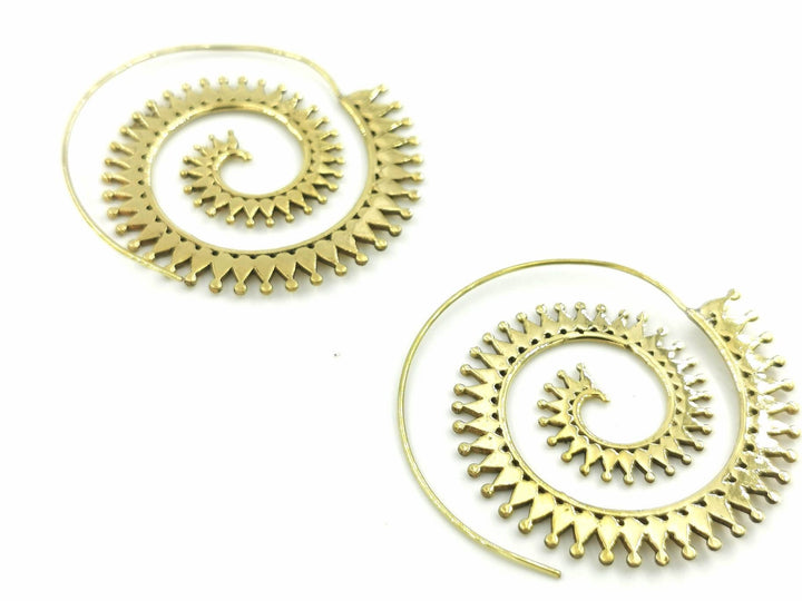 Boho Spiral Earrings with Sun Pattern — Brass