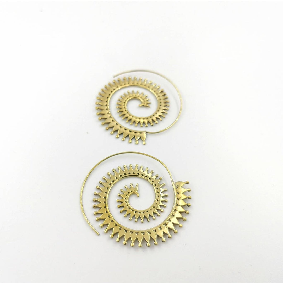 Boho Spiral Earrings with Sun Pattern — Brass